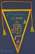 1981 SA Rugby pennant signed by Springbok Johann Claassen: Large triangular green and gold felt