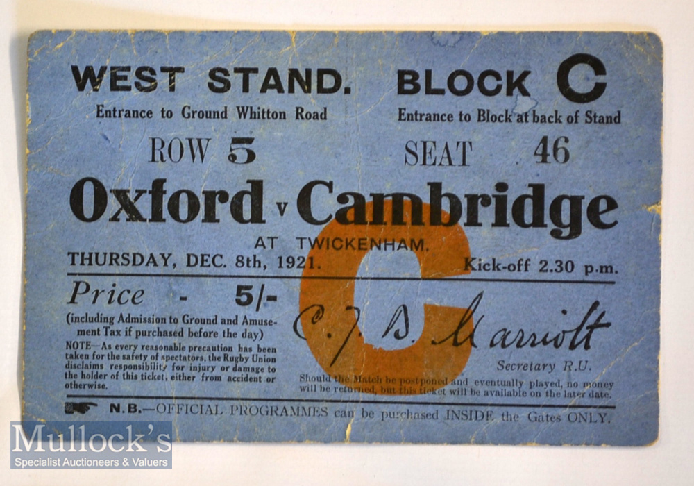 Rare 1922 Oxford v Cambridge Varsity Match ticket: Blue 5.5” x 3.5” card for the West Stand at