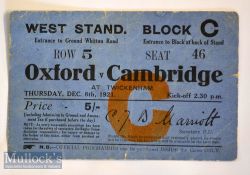 Rare 1922 Oxford v Cambridge Varsity Match ticket: Blue 5.5” x 3.5” card for the West Stand at