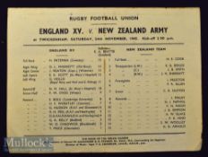 1945 England v NZ Army XV (The Kiwis) Rugby Programme: Single sheet printed both sides for this