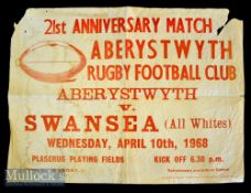 1968 Rugby Match Poster Survival: Much wrinkled^ folded in four but rare 20” x 14.5” cream poster