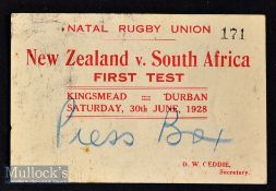 Rare 1928 S Africa v N Zealand 1st Test Press Box Pass: White numbered card^ a little soiled to