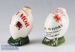 Two empty Welsh Swn-y-Mor white ceramic Whisky Bottles in Rugby Ball shape (2): Small^ one for the