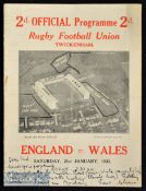 1933 England v Wales Rugby Programme: 4pp fold over Twickenham card from the historic first Wales