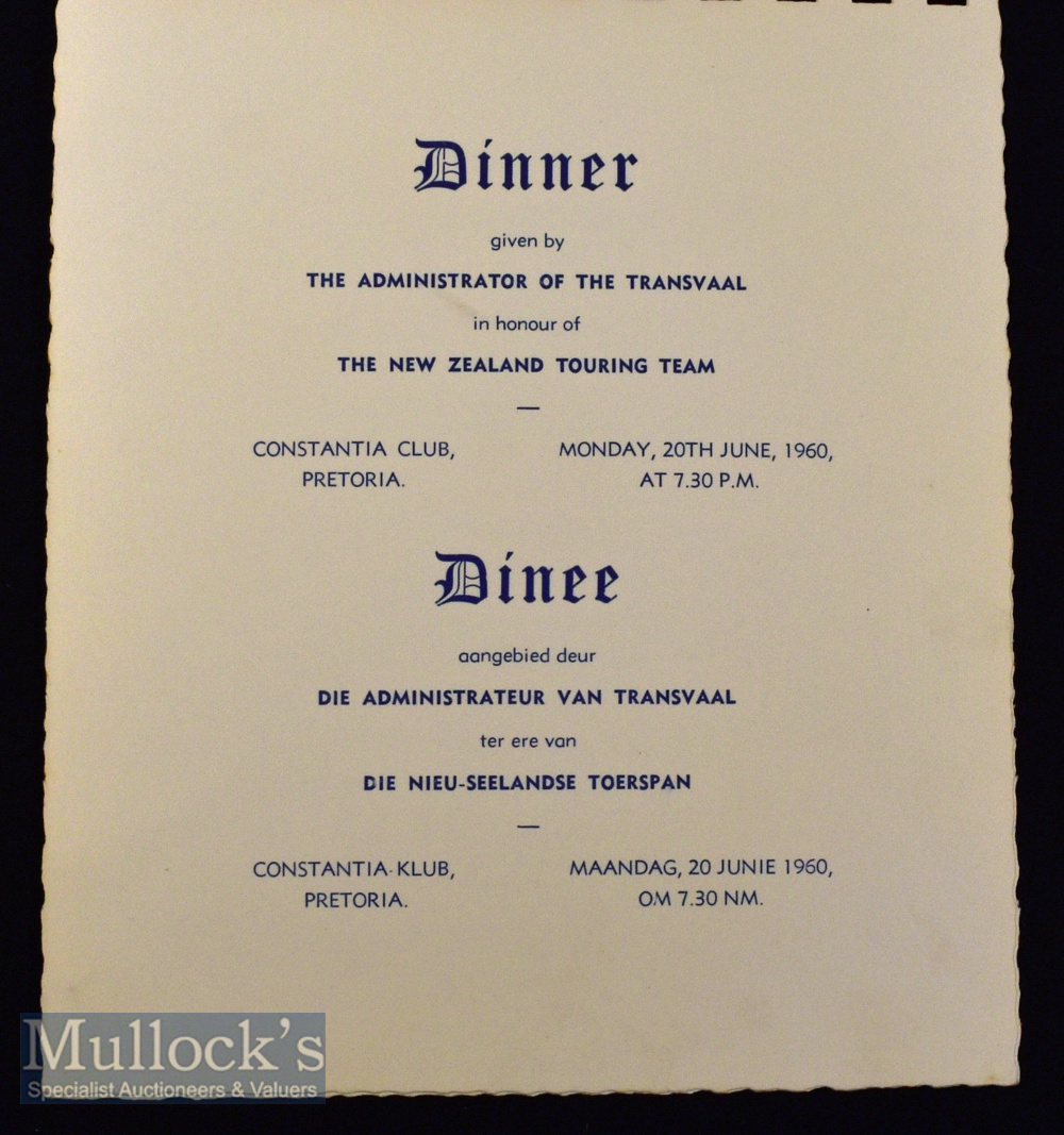 Transvaal Rugby Dinner Menu for the NZ All Blacks Touring Team 1960: Elaborate and most attractive