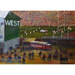 Twickenham England v Wales Rugby Painting: Interesting mounted^ framed and glazed item^ 30” x 20”