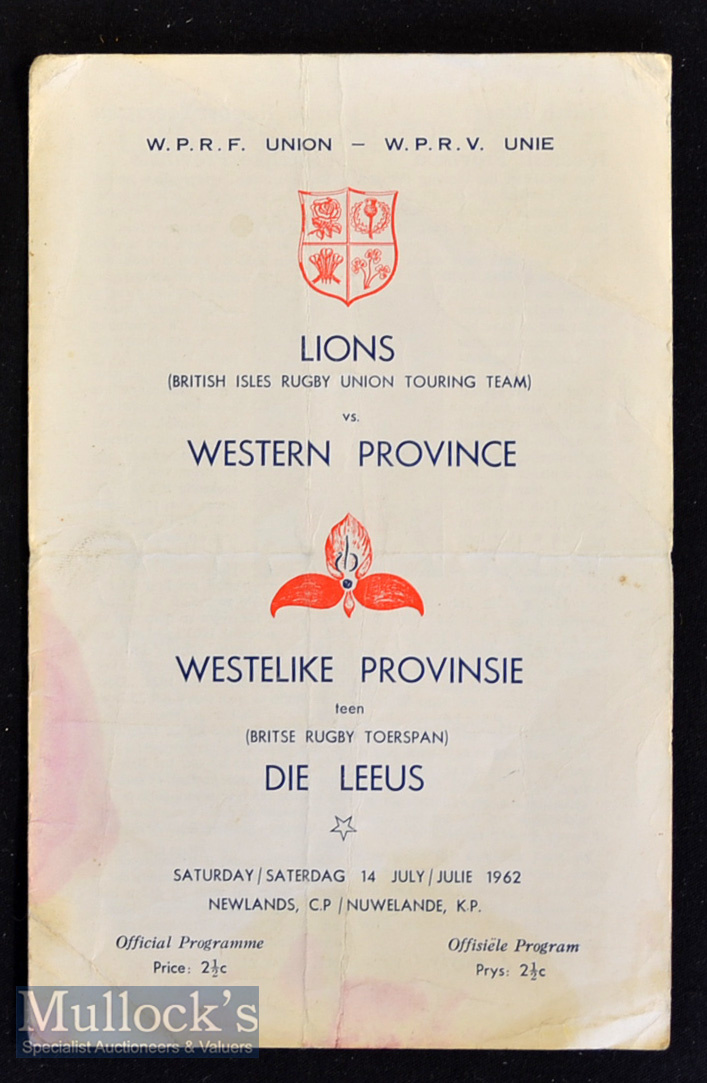 Scarce 1962 British & Irish Lions in SA Rugby Programme: The official Western Province 4pp card