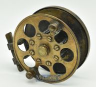 Interesting brass plate perforated 3 ¾” reel twin handled^ on off check to rear plate^ no apparent
