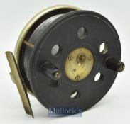 Facile style alloy^ ebonite and brass 4 ½” combination centrepin reel with brass star back^ on/off