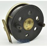 Facile style alloy^ ebonite and brass 4 ½” combination centrepin reel with brass star back^ on/off