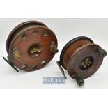 Large 7” Scarborough star back wood and brass big game reel with twin handles^ perforations^ appears