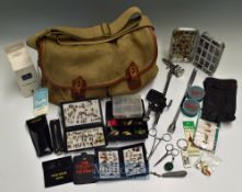 Brady of Halesowen ‘Gelderburn’ Angler canvas bag & various fishing accessories – the bag with two