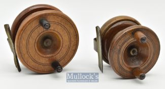 Pair of Nottingham wooden and brass strap reels – incl 2.5” wide drum and 3” stamped Made in England