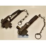 2x Vintage Vermin Gin Traps - hand forged both with 4” jaws^ one c/w brass spring clasp stamped with