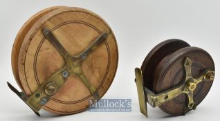 2x Nottingham wood and brass star backed reels to include a 6” big game reel with twin handles^