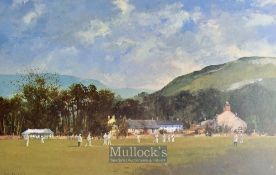 Fine English/Welsh village cricket scene colour print by Roy Perry – titled ‘Setting the Field’ –