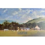 Fine English/Welsh village cricket scene colour print by Roy Perry – titled ‘Setting the Field’ –