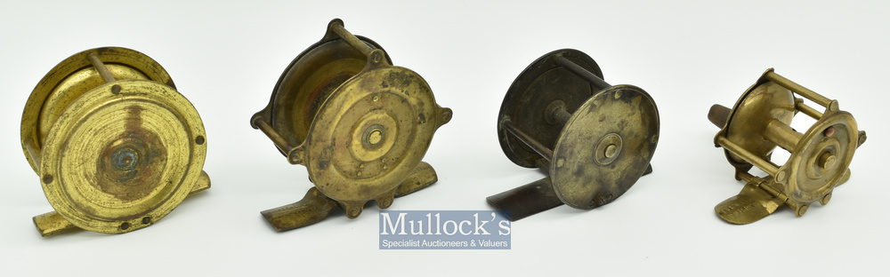 4x small brass crank wind reels to include an S. Allcock & Co Redditch marked 2 1/8” 3x pillar reel; - Image 2 of 2