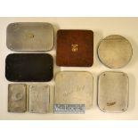 Interesting collection of black japanned^ alloy and leather fly tins and cast tins (8) – to incl