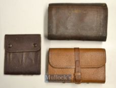 3x various good leather fly wallets and flies – early Wm Haynes & Son Cork leather fly wallet c/w