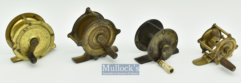 4x small brass crank wind reels to include an S. Allcock & Co Redditch marked 2 1/8” 3x pillar reel;