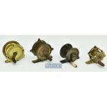 4x small brass crank wind reels to include an S. Allcock & Co Redditch marked 2 1/8” 3x pillar reel;