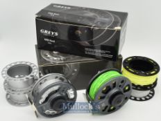 Fine Greys of Alnwick GTX No.1 fly reel with 2x spare spools with counter balance^ together with