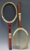 2x good modern wooden tennis rackets – Wilson Capri Speed Flex Fibre Face and Strata Bow head; and