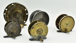 Assorted selection of brass and alloy reels from 2 1/8” to 4” (5) - an unnamed 4” brass crank arm^
