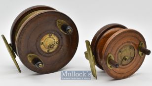 Pair of good Slater style wooden and brass star back reels – 4.5” dia with 4x screw drum release