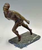 Early 20thc large bronze figure of a Male Athlete Sprinter lunging over the finish line – mounted on