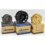 3x salmon fly reels - Okuma Magnitude MD 7/8 wide drum reel together with Okuma Airframe AF 7/9 wide
