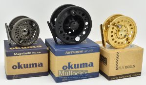 3x salmon fly reels - Okuma Magnitude MD 7/8 wide drum reel together with Okuma Airframe AF 7/9 wide