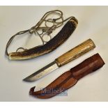 Stag Horn Fishing Priest and Wood Handle Knife with leather sheath marked J Marttiini (Finland)^ the