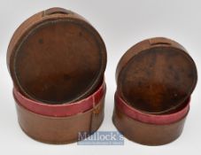 2x leather reel cases/boxes measuring 6” diameter and 5” diameter^ both missing straps