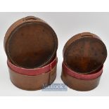 2x leather reel cases/boxes measuring 6” diameter and 5” diameter^ both missing straps