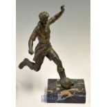 20thc large spelter figure of a football figure about to shoot/pass the ball – mounted on heavy