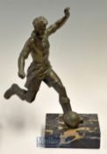 20thc large spelter figure of a football figure about to shoot/pass the ball – mounted on heavy