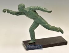 Early 20thc large green spelter figure of Cricket figure catching a cricket ball – mounted on a