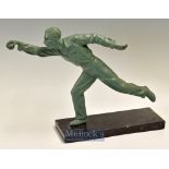 Early 20thc large green spelter figure of Cricket figure catching a cricket ball – mounted on a