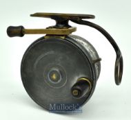 Malloch’s Patent sidecaster reel 4” alloy and brass reel^ horn handle^ cross hatched slide button to