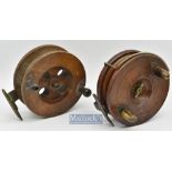 2x wood and brass Nottingham and Scarborough big game reels to include a brass star backed 5 ½” reel