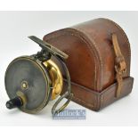 Fine Malloch^ Perth Pat Brass Sidecasting reel in a J Forrest London fitted leather reel case (