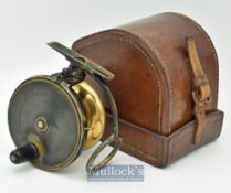 Fine Malloch^ Perth Pat Brass Sidecasting reel in a J Forrest London fitted leather reel case (