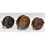 3x Various wood and brass backed Nottingham reels to include a 4” star backed^ an Ogden Smith marked