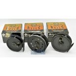 Set of J.W Young & Sons Pridex fly reels in makers boxes (3) to incl 3 1/2” wide drum^ mottled