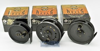 Set of J.W Young & Sons Pridex fly reels in makers boxes (3) to incl 3 1/2” wide drum^ mottled