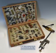 Unnamed wooden Fly reservoir case and accessories - containing a great range of dressed flies^