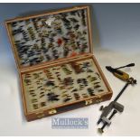 Unnamed wooden Fly reservoir case and accessories - containing a great range of dressed flies^
