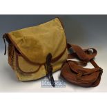 Good Brady of Halesowen wicker and canvas fishing creel with front pouch and two pockets^ leather